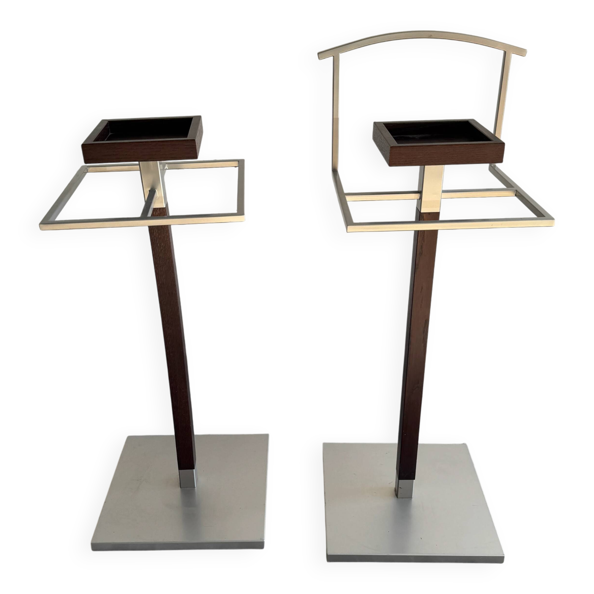 Set of 2 Calligaris holders — silver gray with dark brown wood, metal, and wood design