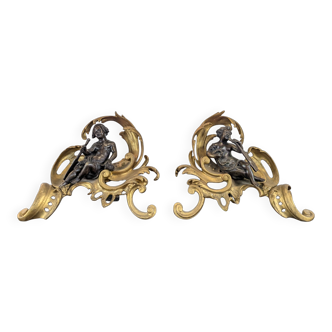 Pair of bronze fire dogs in the Louis XV style