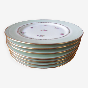 6 assiettes plates en porcelaine PL Limoges 24 cm décor de fleurs liseré or