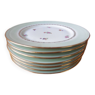 6 flat plates in PL Limoges porcelain 24 cm flower decoration with gold edging