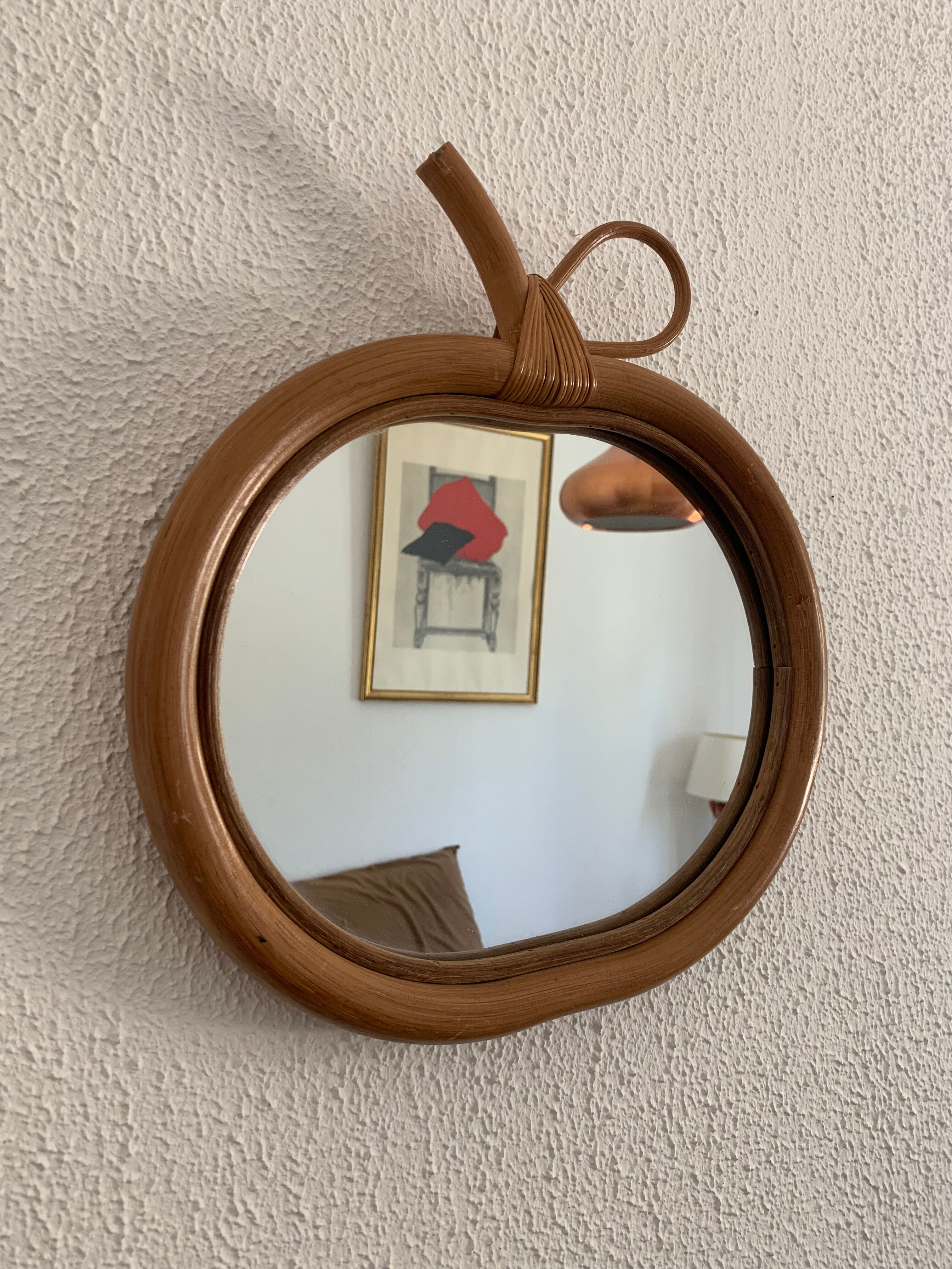Vintage mirror 1960 rattan apple wicker bamboo - 32 x 35 cm