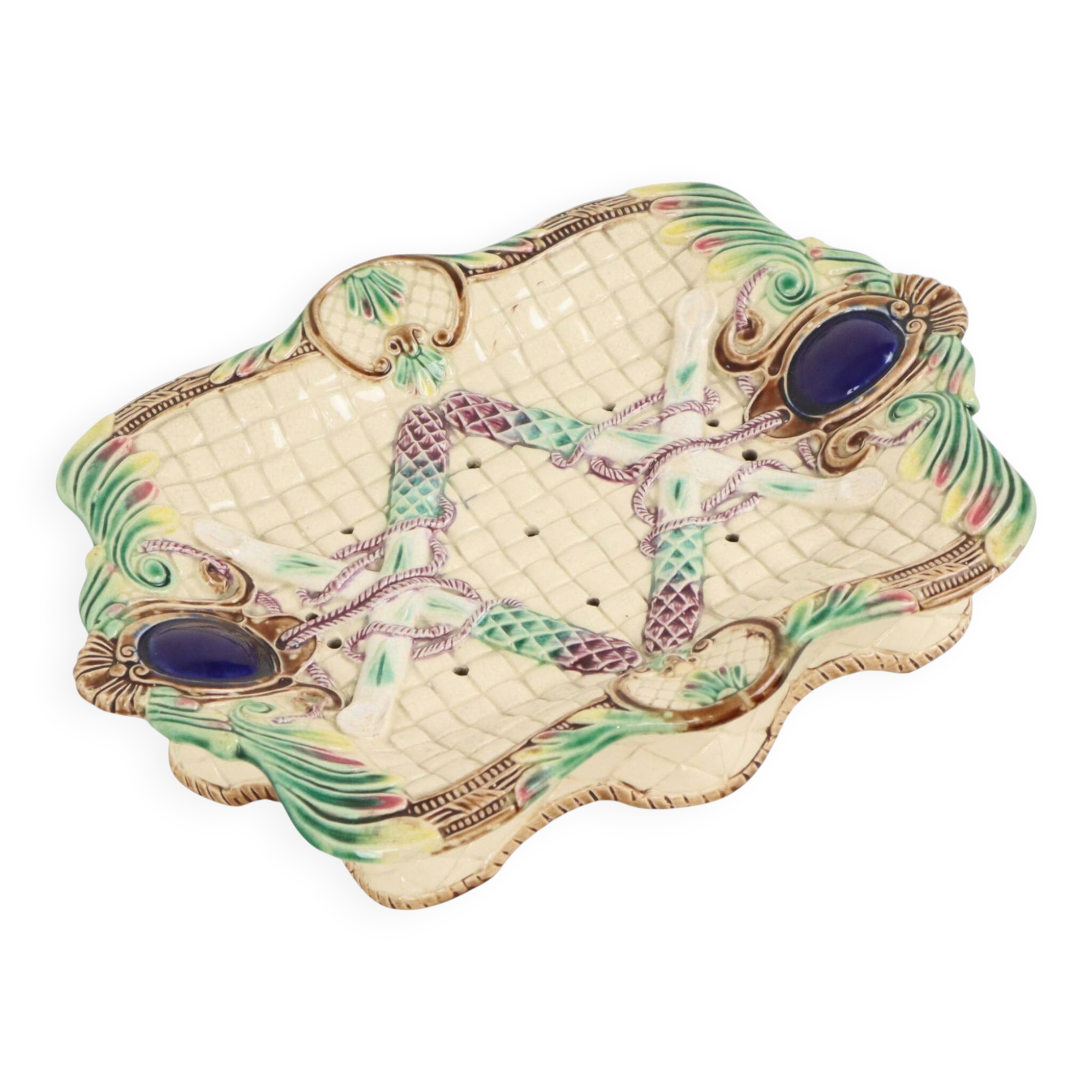 Antique French Majolica Earthenware Asparagus Plate, 19th Century