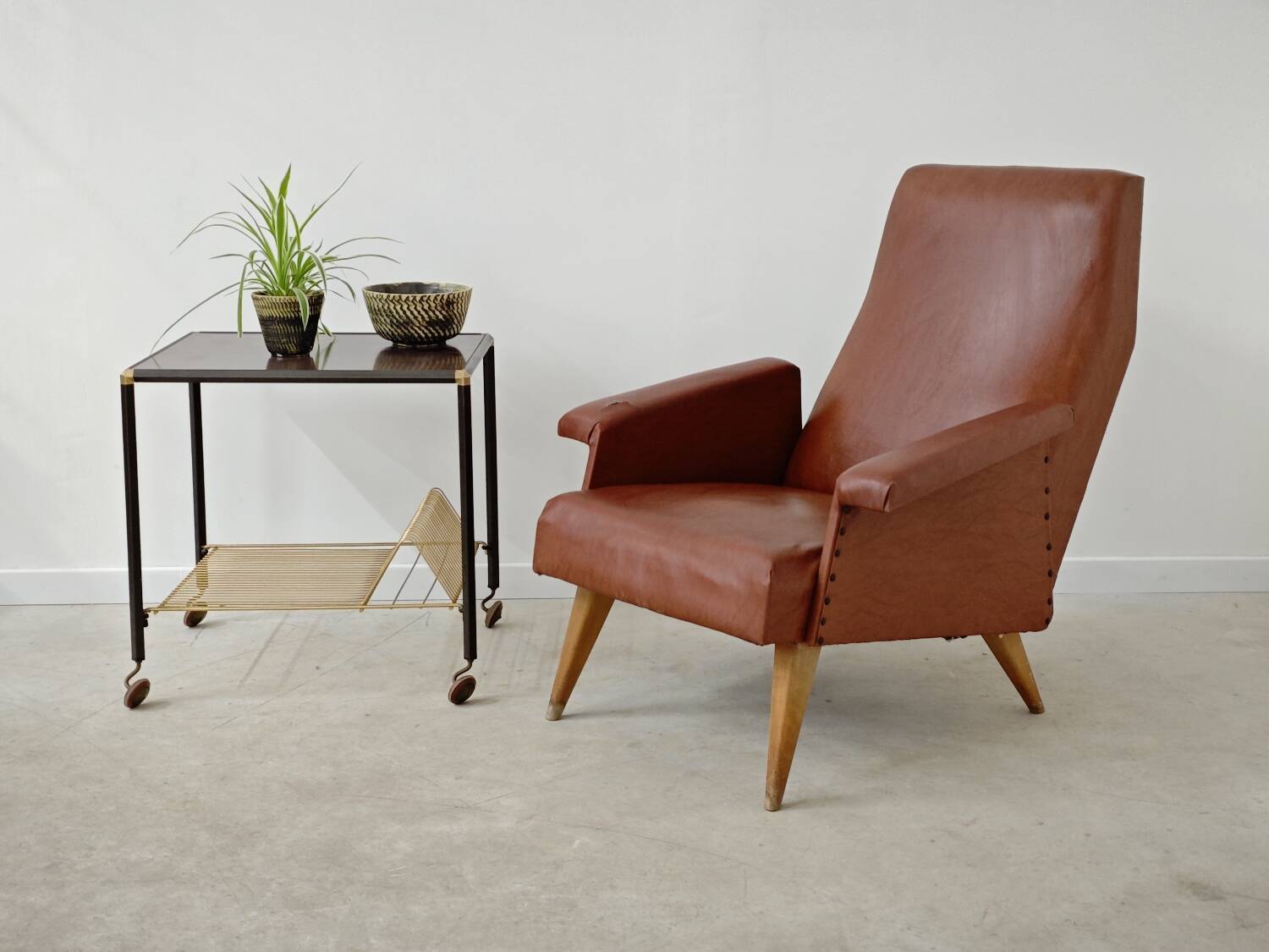 Camel brown imitation leather armchair, France 1960