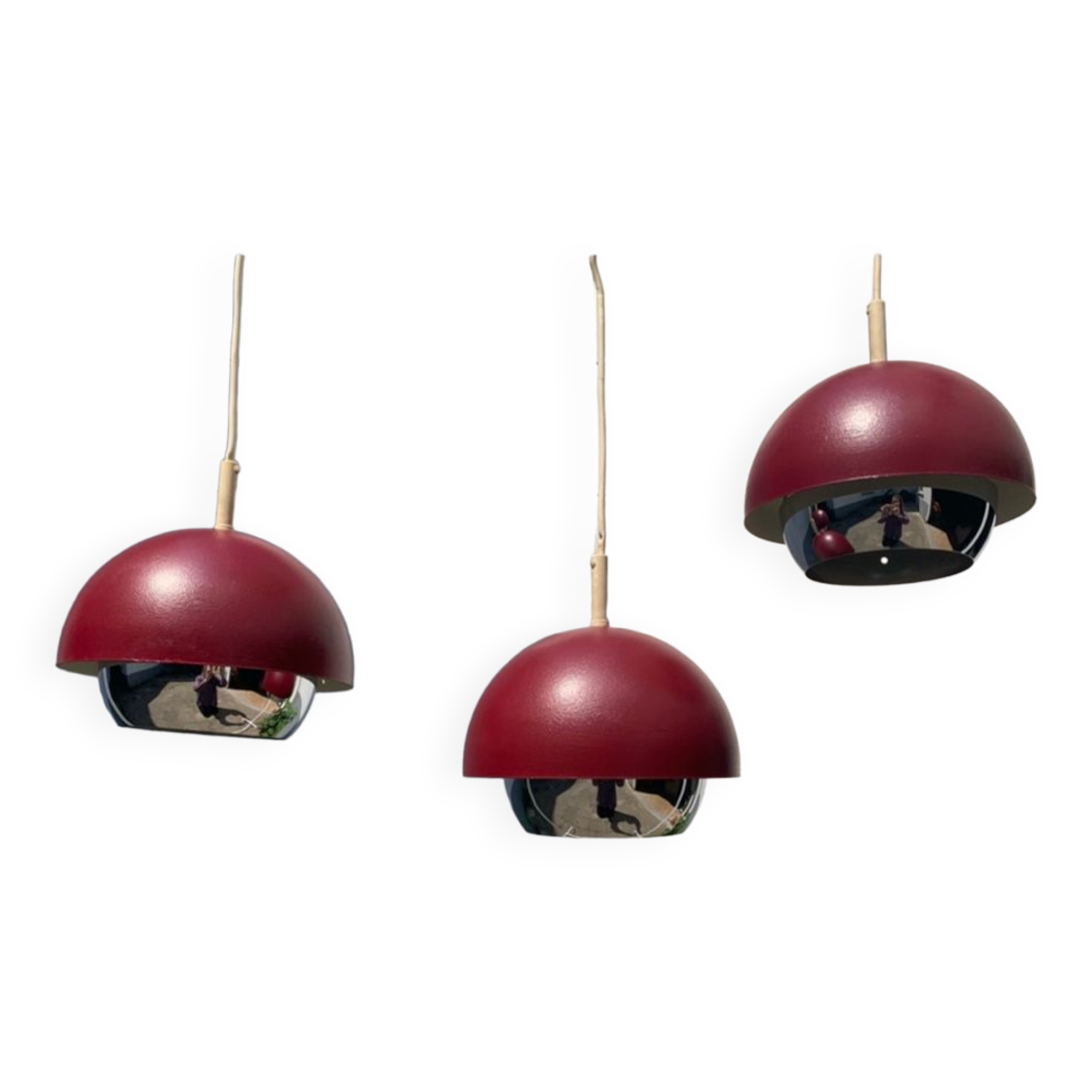 Trio of vintage burgundy and chrome pendant lamps