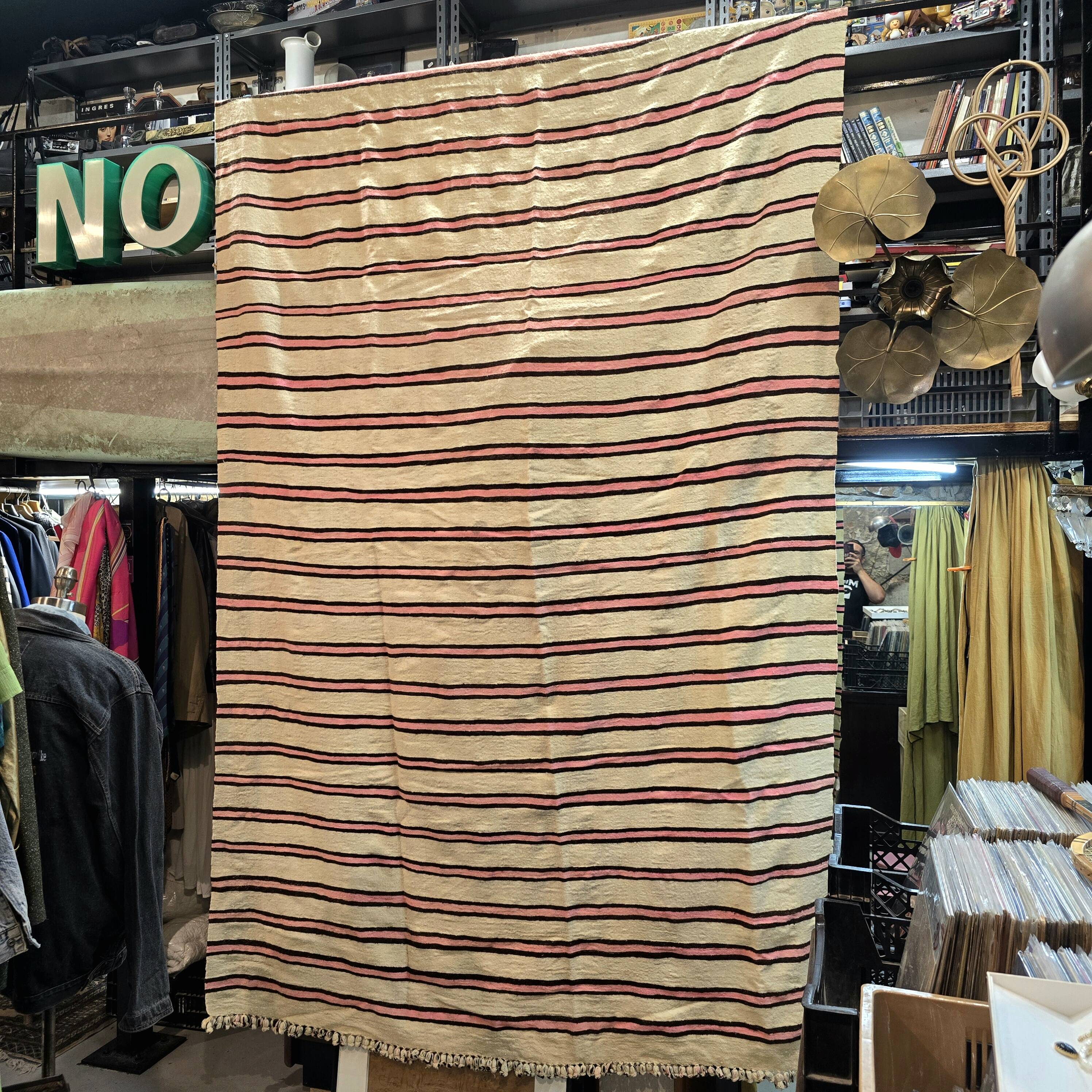 Vintage Berber blanket in neon pink, black and cream striped wool