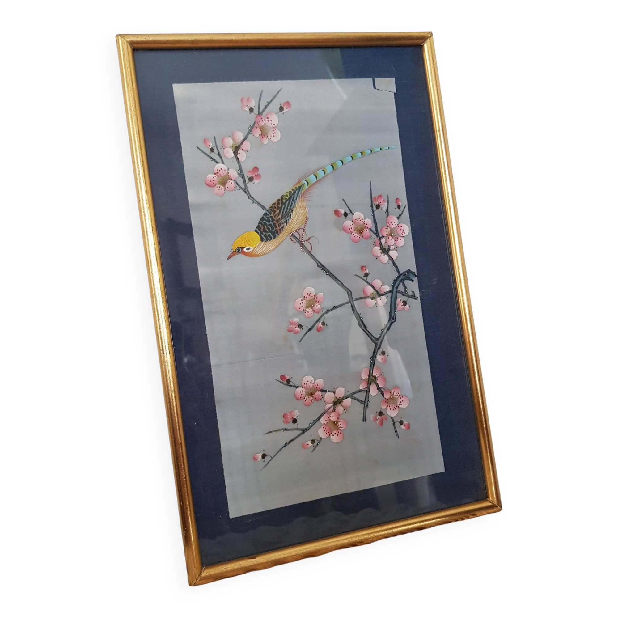 Japanese print on paper drawing of bird and flowers