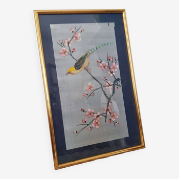 Japanese print on paper drawing of bird and flowers