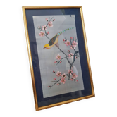 Japanese print on paper drawing of bird and flowers