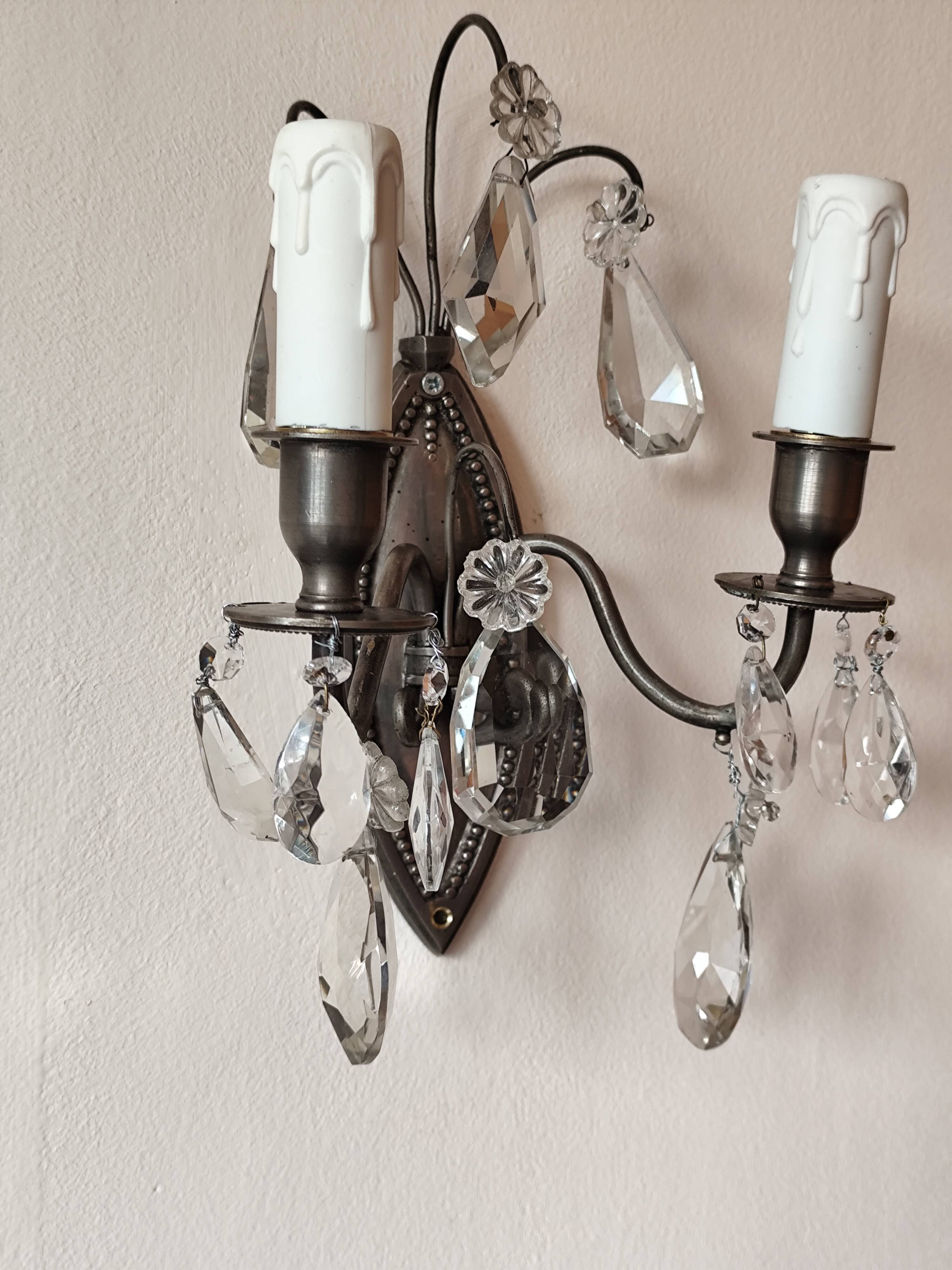 Wall light in tinned brass and crystal pendants - rococo light 2 lights