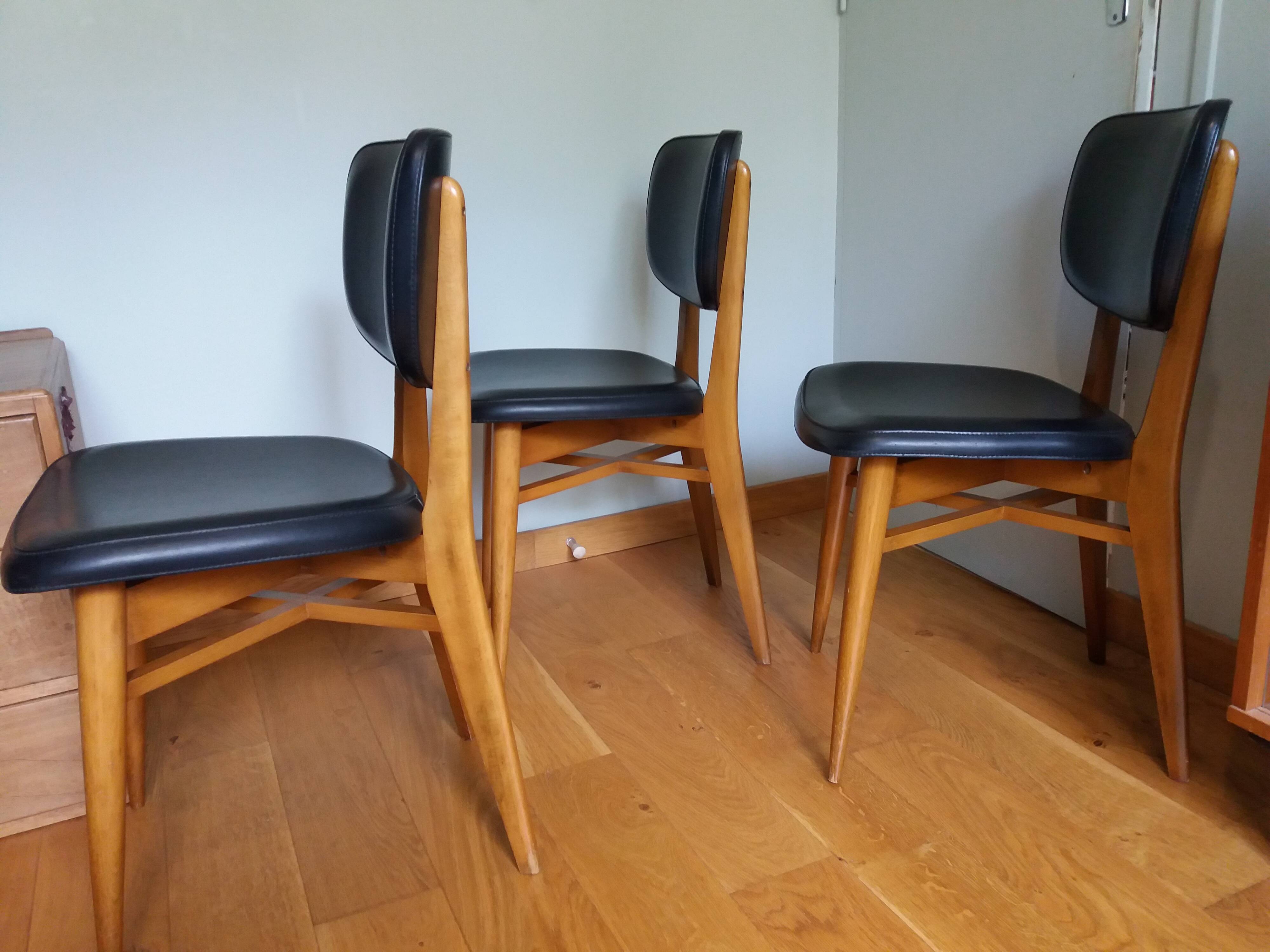 3 Scandinavian style skai faux leather and wood chairs