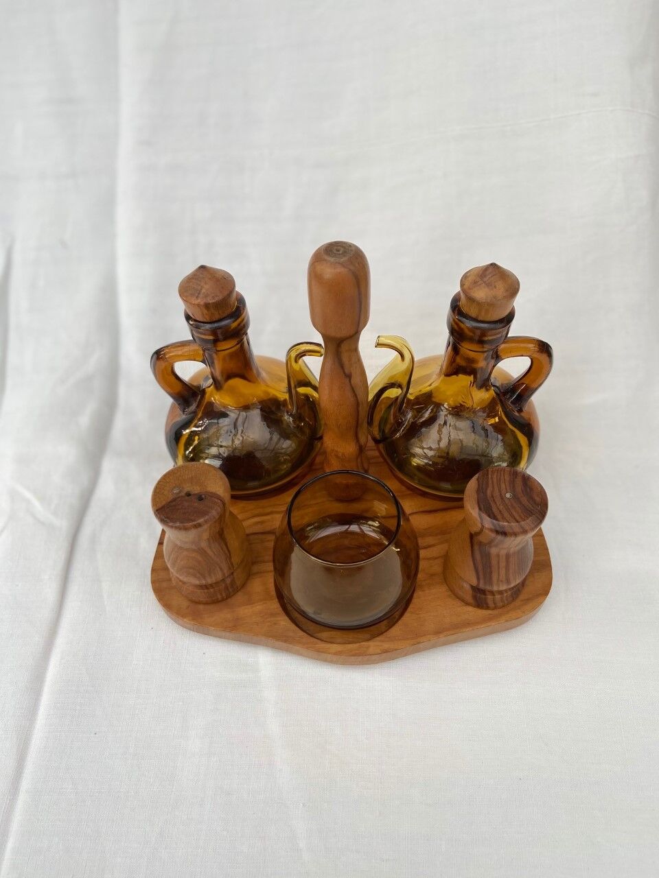 OLIVE OIL WOODEN SERVANT -VINAIGRE - SALT-PEPPER-MUSTARD