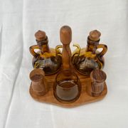 OLIVE OIL WOODEN SERVANT -VINAIGRE - SALT-PEPPER-MUSTARD