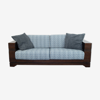 2 seater sofa wood fabric blue pol dot design 70s vintage modern