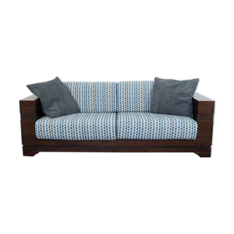 2 seater sofa wood fabric blue pol dot design 70s vintage modern