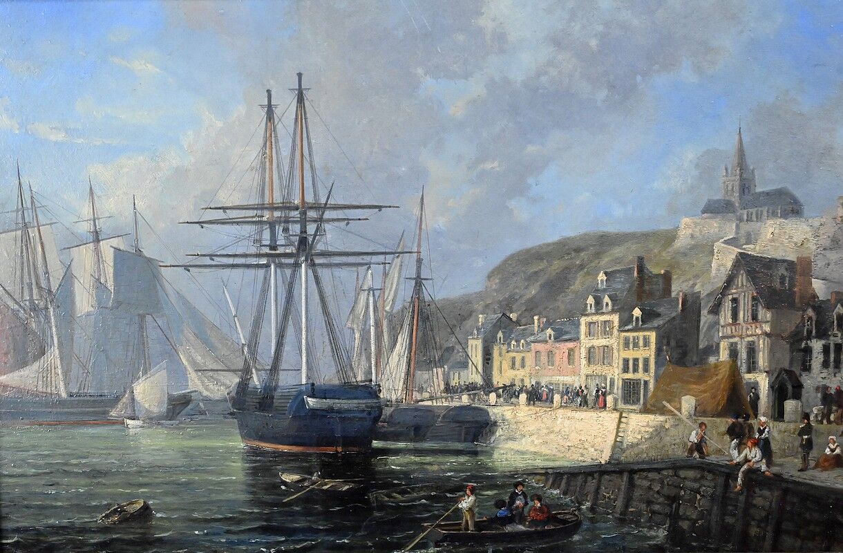 Tableau "Quay in Light", oil on panel, signed Jules d'Évry – Mid 19th century