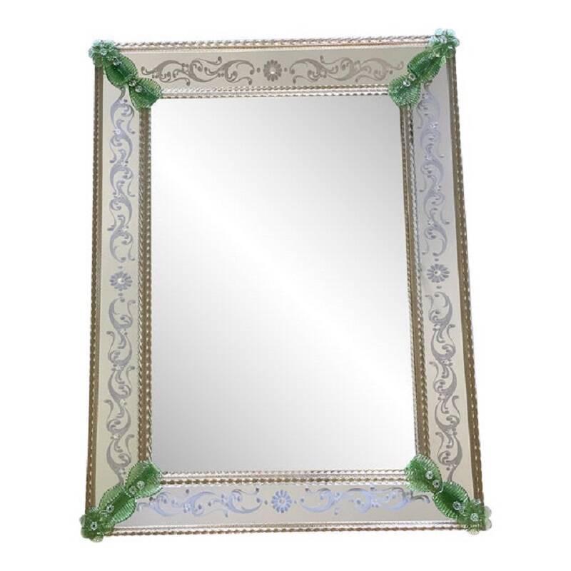 Contemporary rectangular Venetian mirror in floral green, hand-carved in Murano glass.