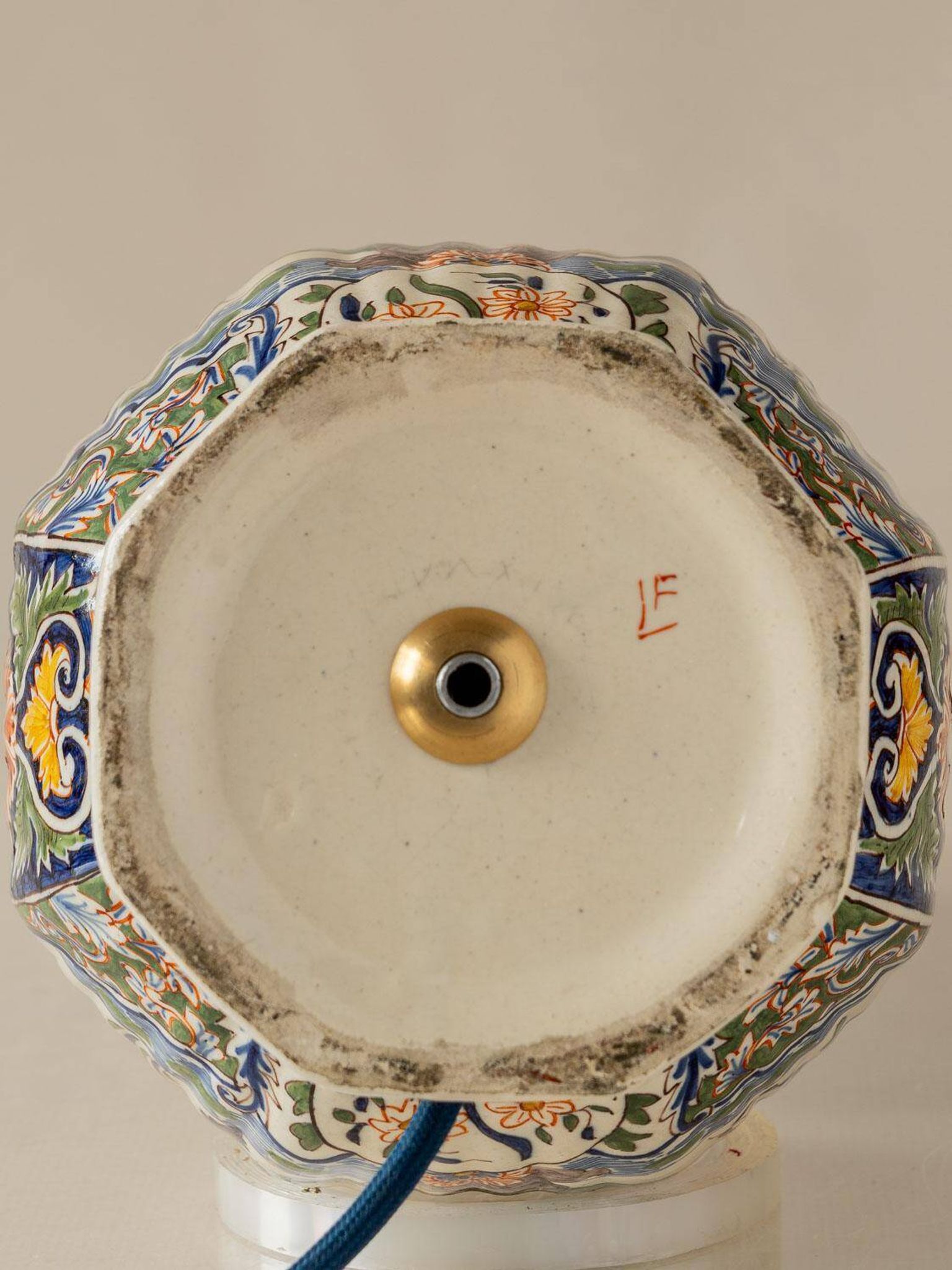 Delft-style ceramic table lamp from France around 1900 with a new blue velvet shade.
