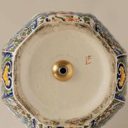 Delft-style ceramic table lamp from France around 1900 with a new blue velvet shade.
