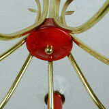 1950s mid century pendant light brass red plastic 7 glass shades