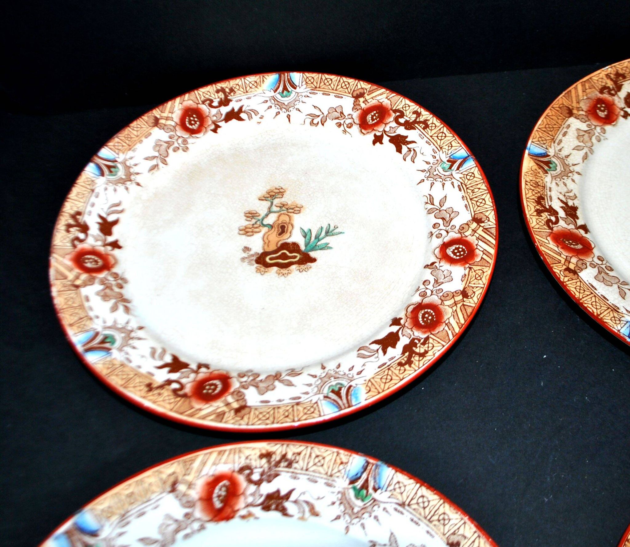 Sarreguemines dessert service 12 plates opaque earthenware bamboo polychrome Asian Chinese decor