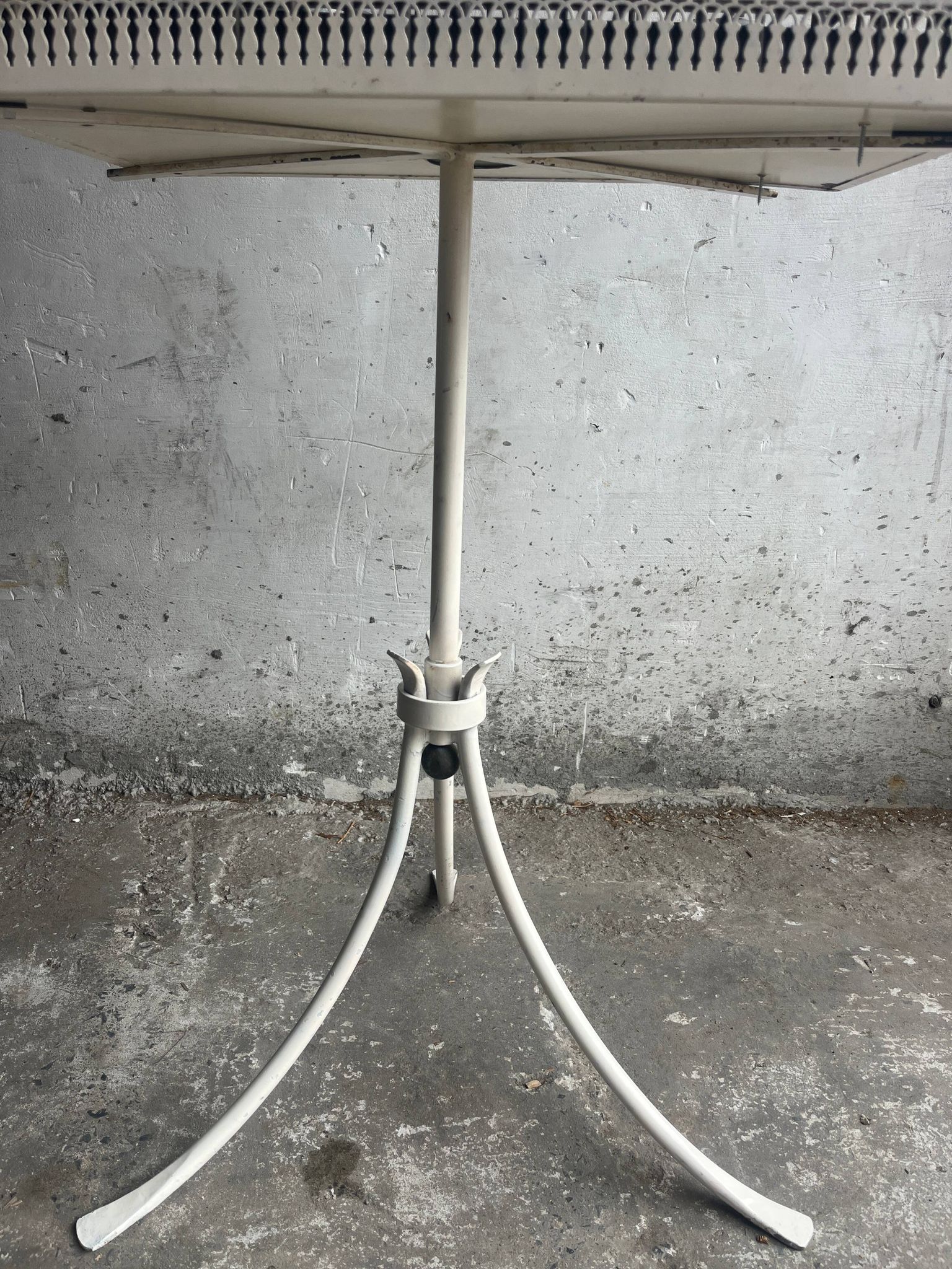 Mid-century pagoda bird cage on stand — white & black metal with brass accents
