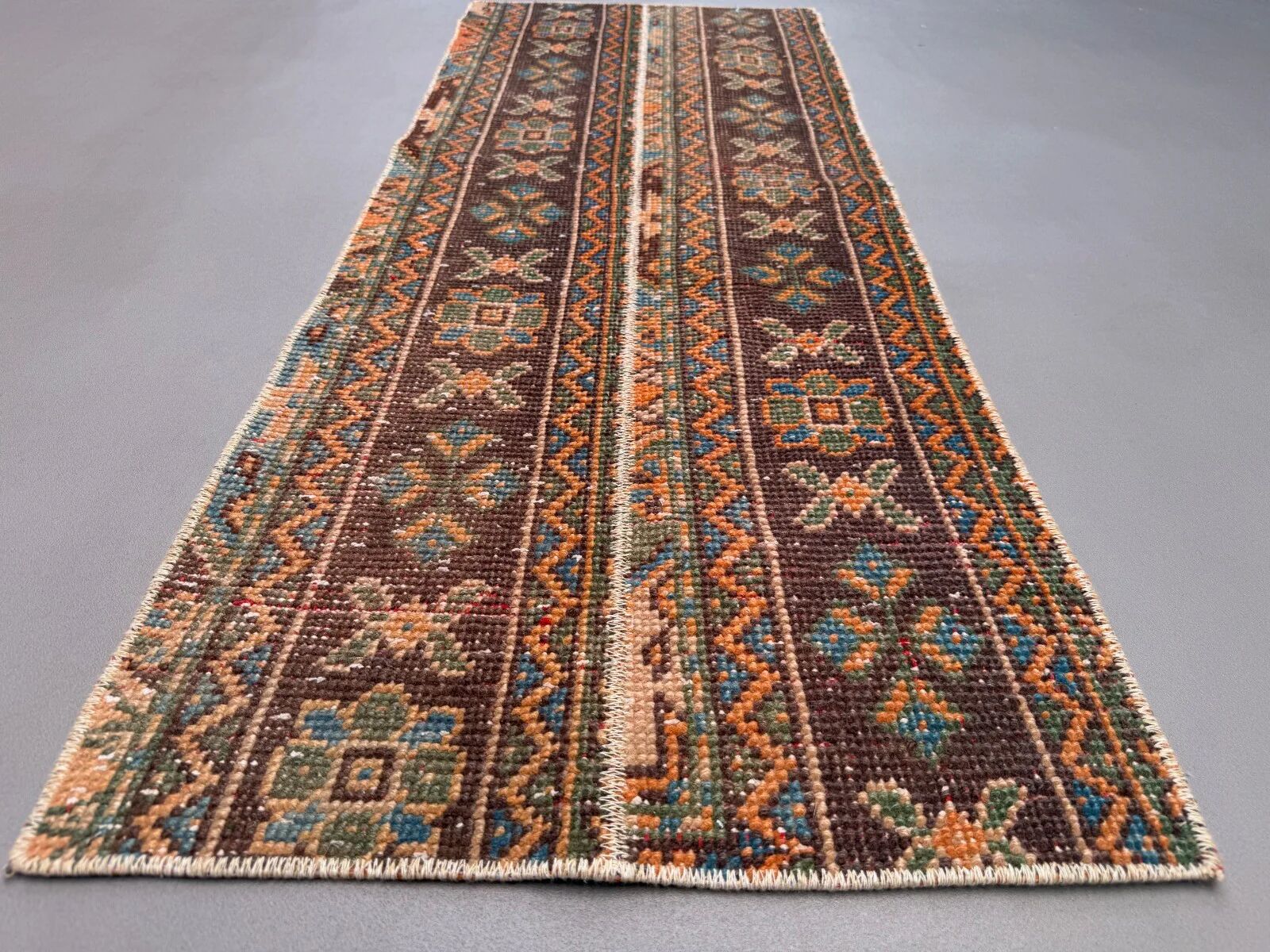 Distressed Turkish narrow runner 55x148 cm wool vintage tribal rug 2563