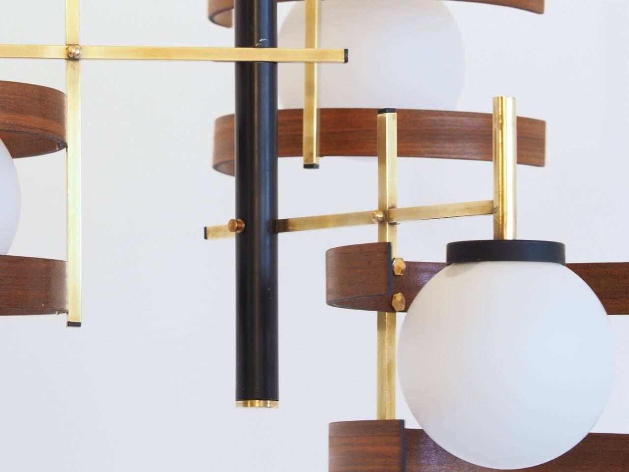 Italian 3-globe pendant light in opaline with teak and brass.