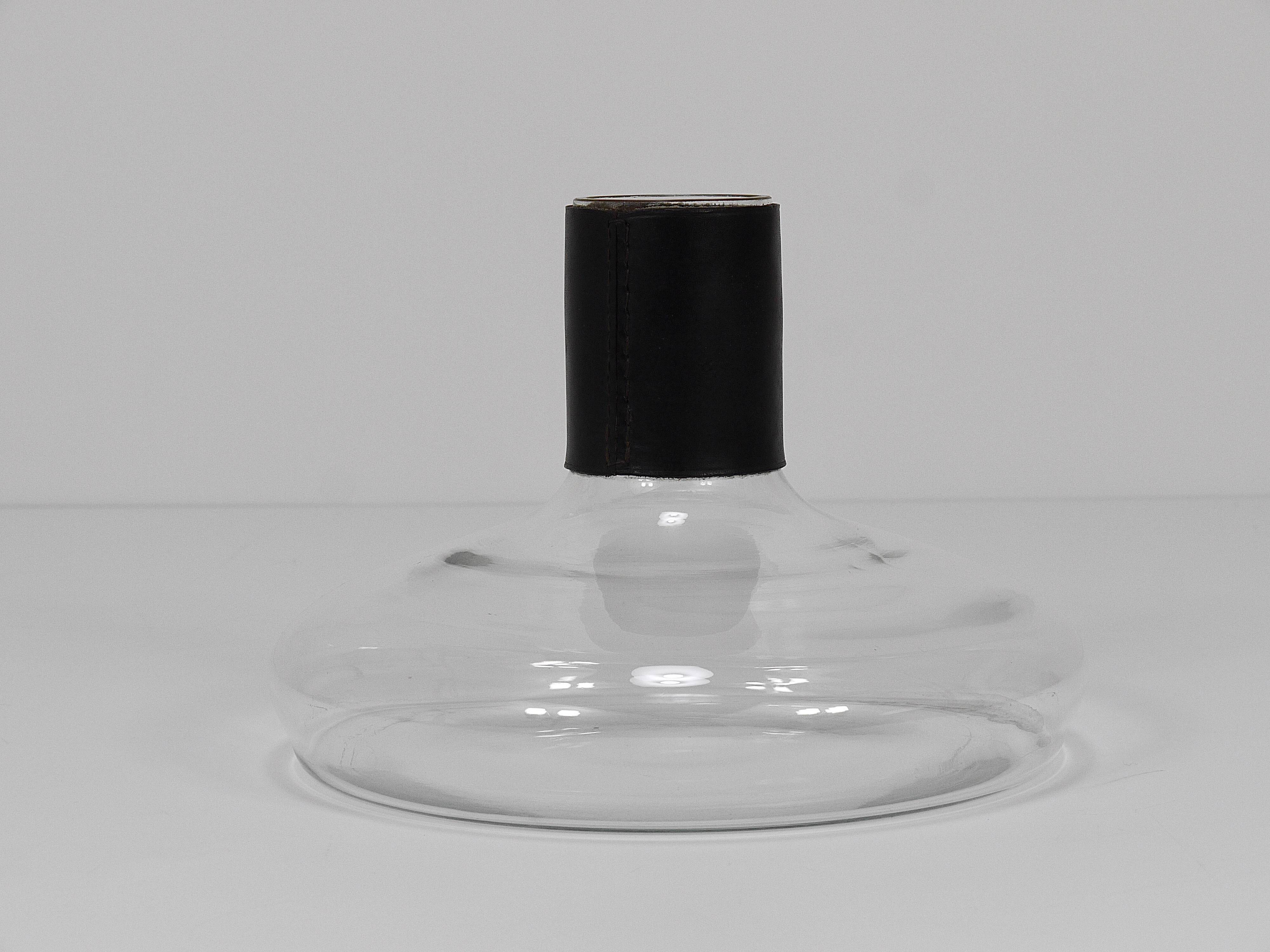 Vase Carafe Carl Aubock II with Black Leather Top, Midcentury, Austria, 1950s