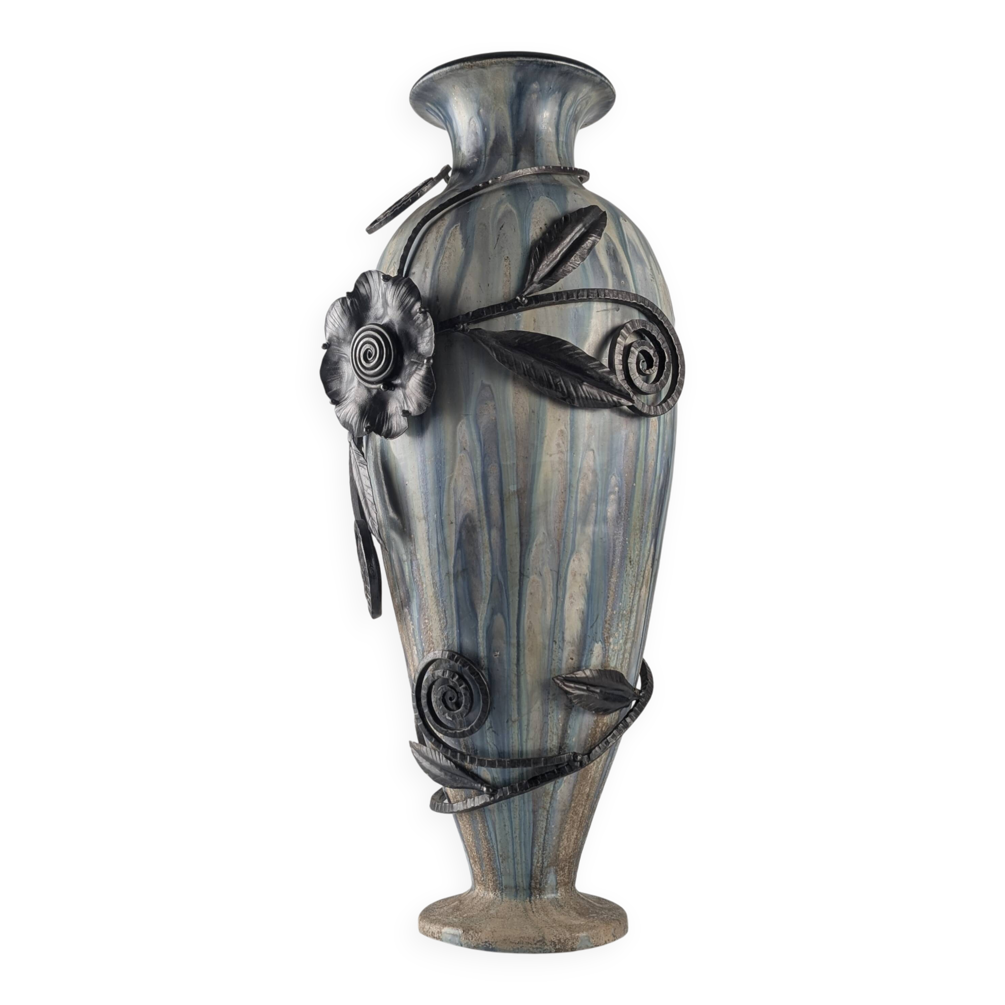 Roger Guérin Belgian Art Deco Stoneware & Wrought Iron Vase 1930s
