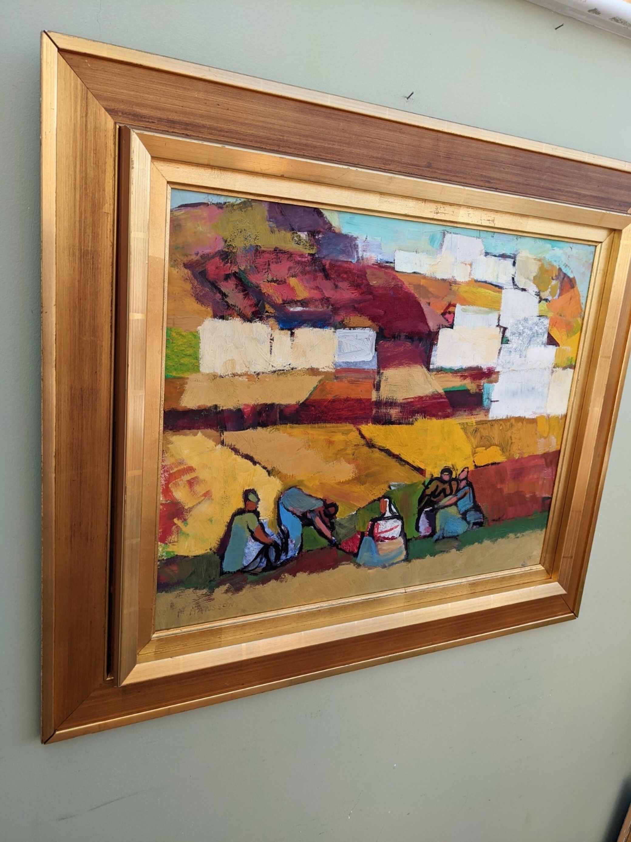 Mid-Century Modern Swedish "On the Fields" Vintage Swedish Figurative Oil Painting, Framed