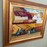 Mid-Century Modern Swedish "On the Fields" Vintage Swedish Figurative Oil Painting, Framed