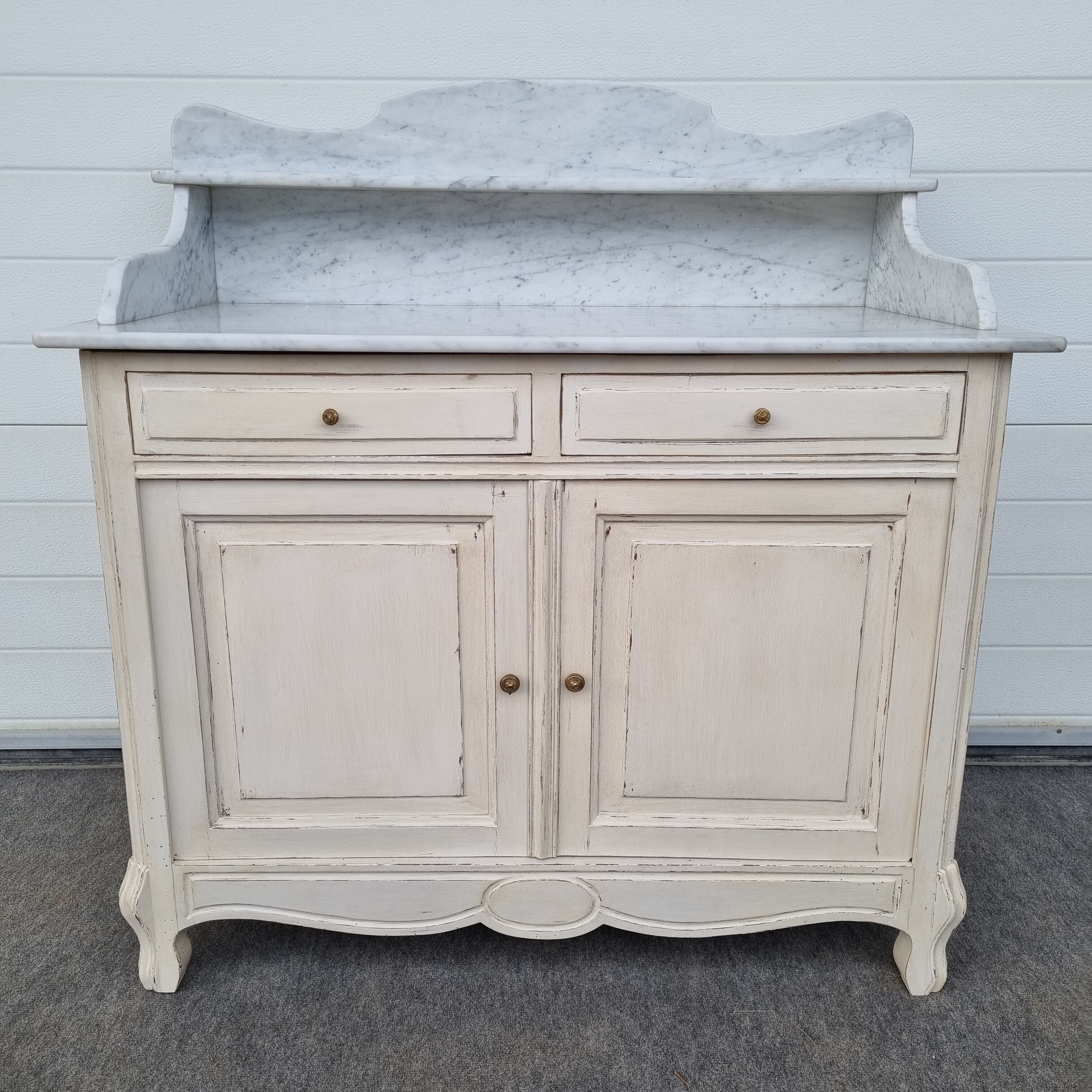 Patinated bathroom cabinet with marble 1940s