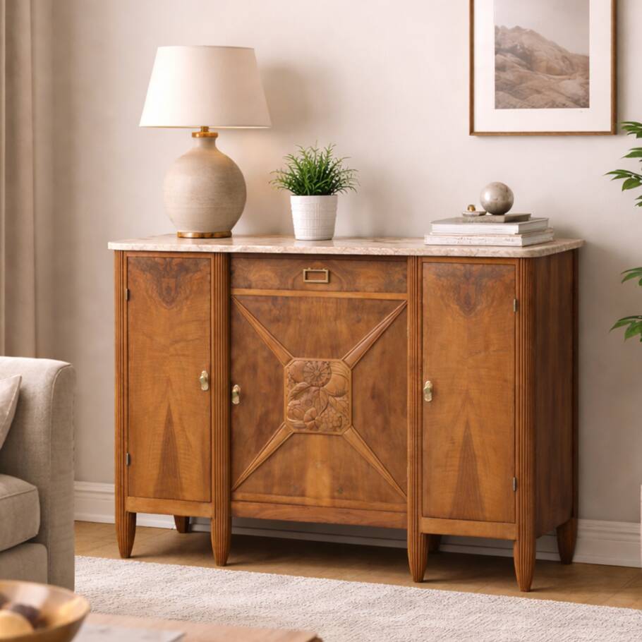 Art Deco sideboard in solid walnut and veneer – pink marble top