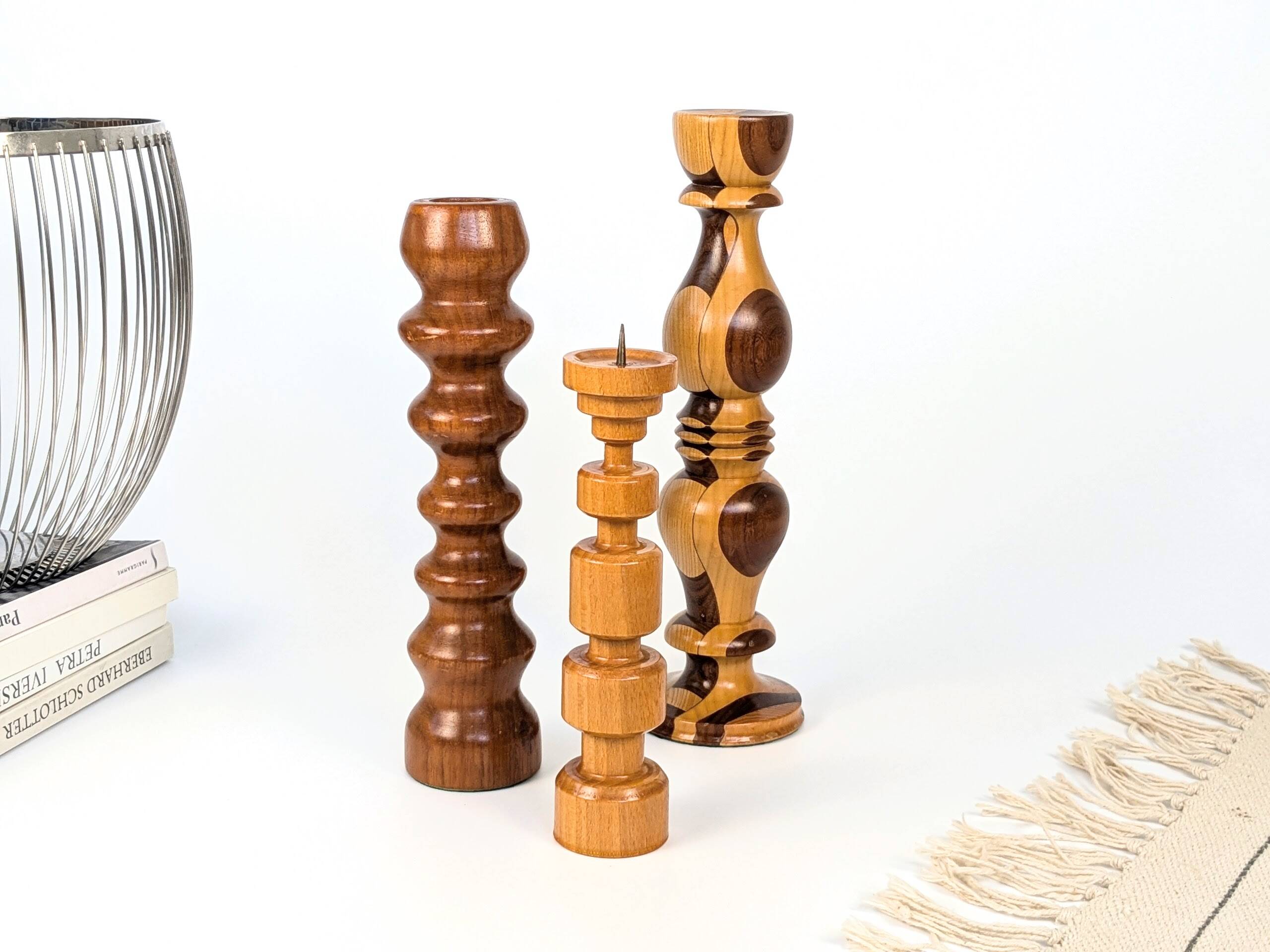 Set of 3 vintage candlesticks | Turned wood | Midcentury