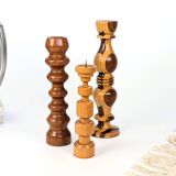 Set of 3 vintage candlesticks | Turned wood | Midcentury