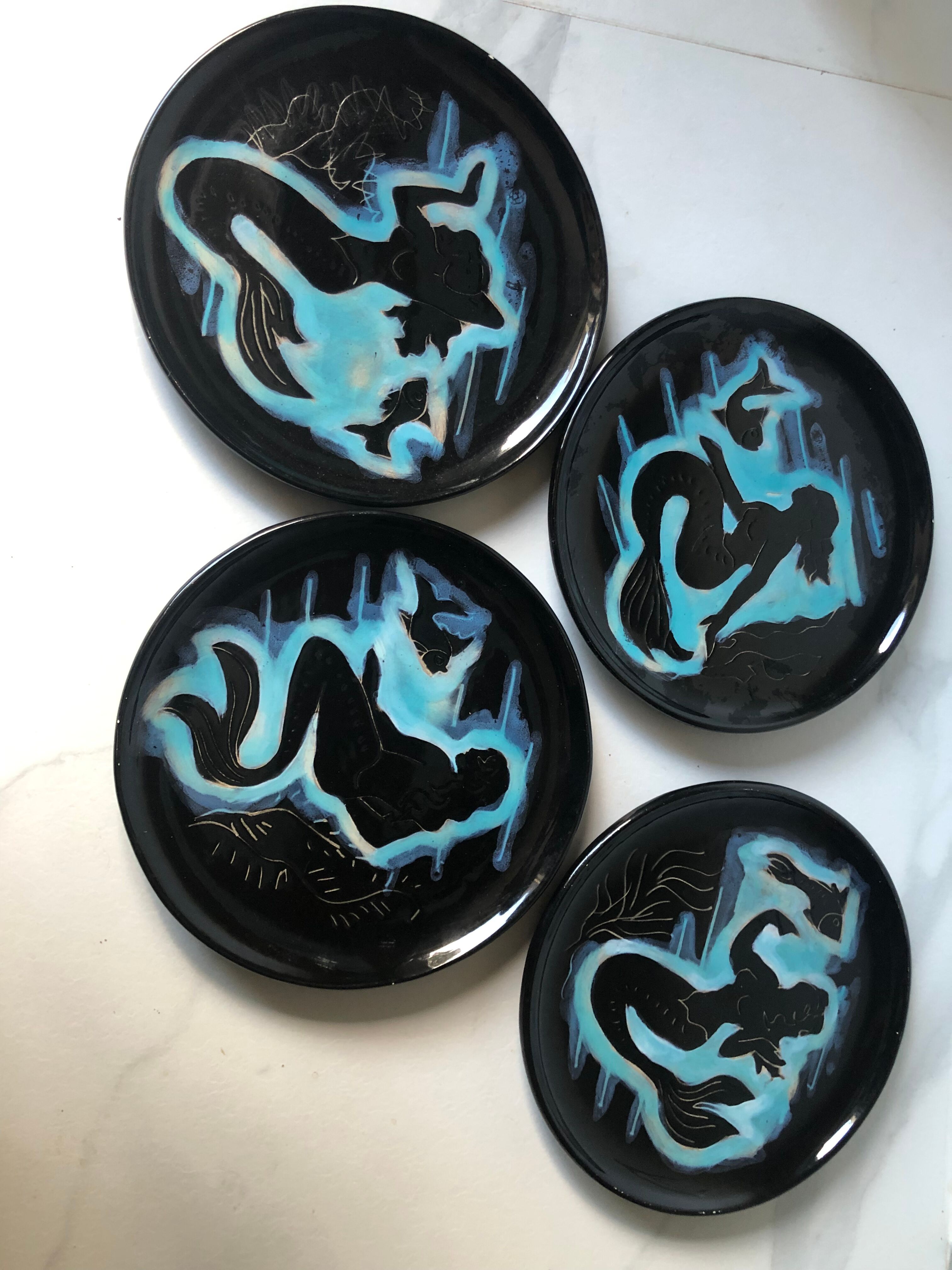 Four plates Vallauris the mermaids
