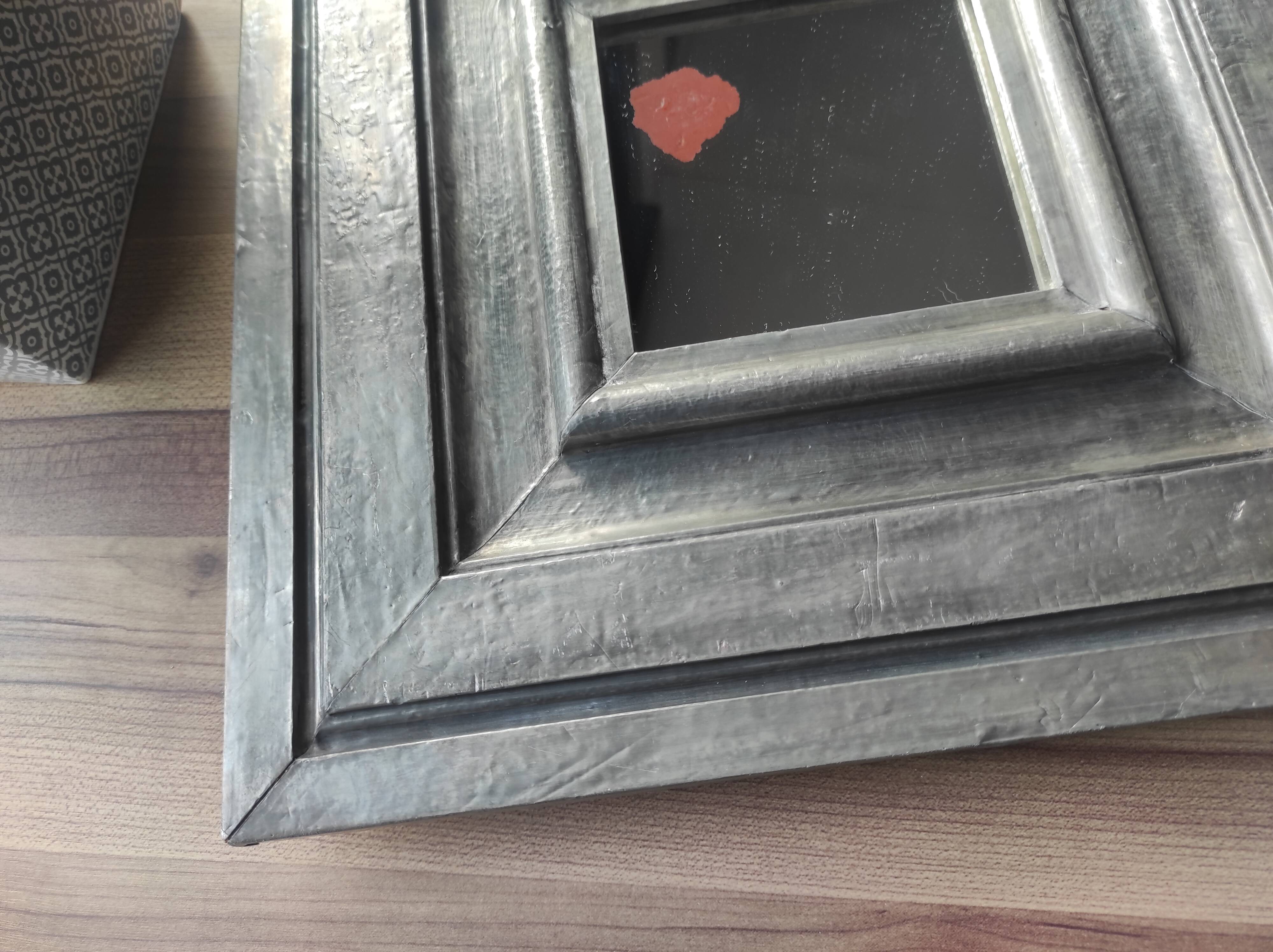 Vintage square mirror in wood covered with metal leaf, moldings in relief