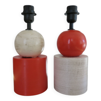 Pair of red and white ceramic lamps from the 80s