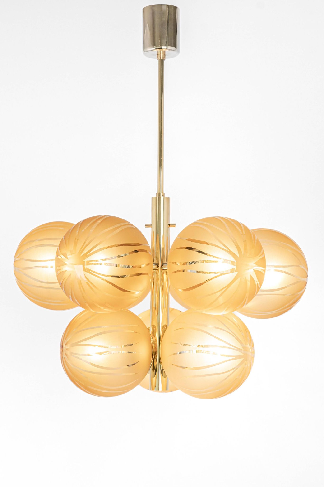 Large Sputnik chandelier in opaline and brass, Germany, 1970s.