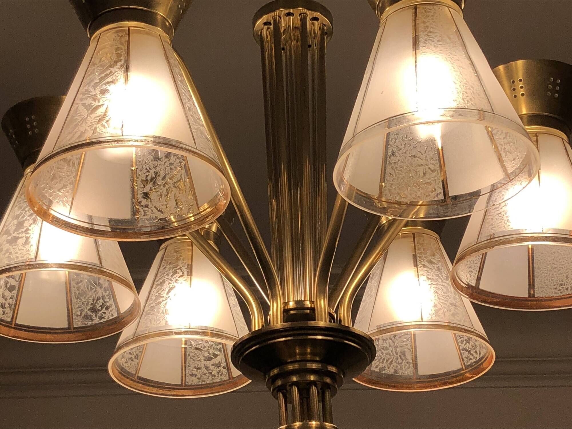 1950s six-branch brass and glass chandelier
