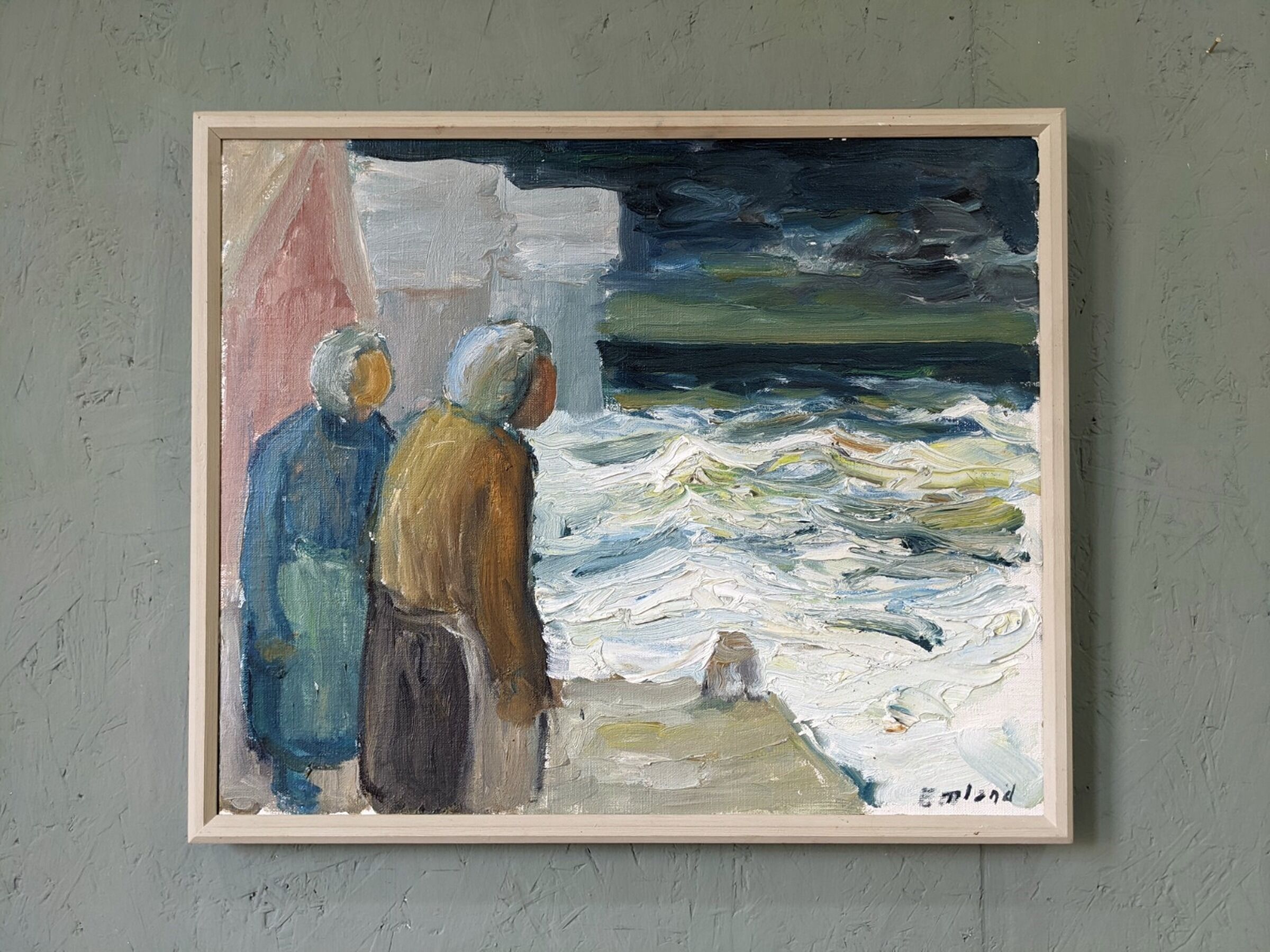 Mid-Century Modern Swedish "Watching the Storm" Vintage Expressive Seascape Oil Painting, Framed