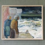 Mid-Century Modern Swedish "Watching the Storm" Vintage Expressive Seascape Oil Painting, Framed