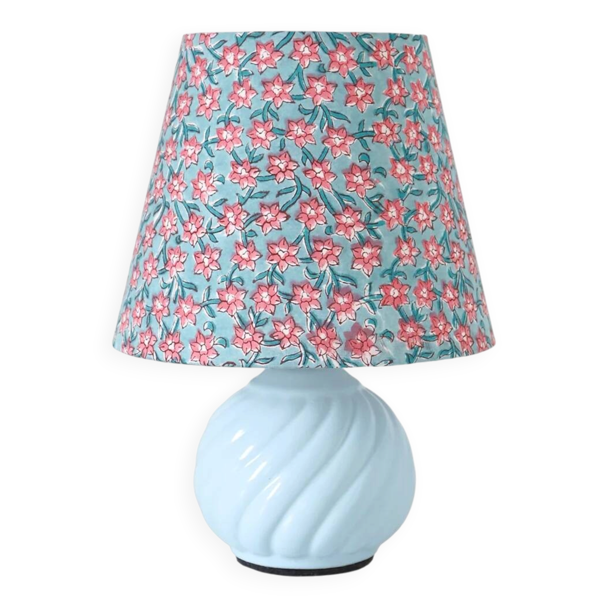 Recycled vintage lamp — twisted blue ceramic base, floral shade