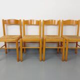 Set of 4 vintage brutalist chairs in light wood and straw from the 70s