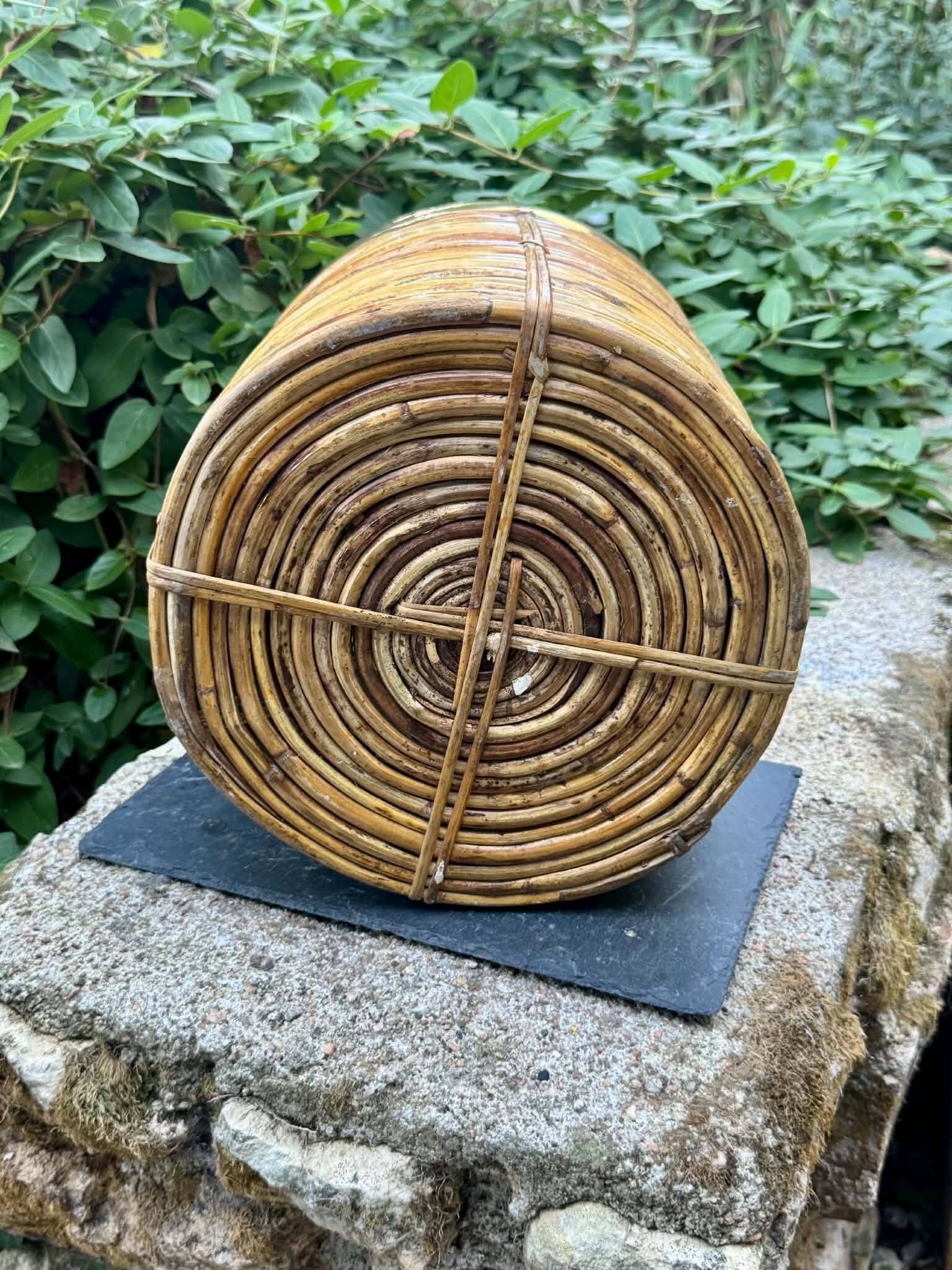 Large rattan basket brass Gabriella Crespi 1960s