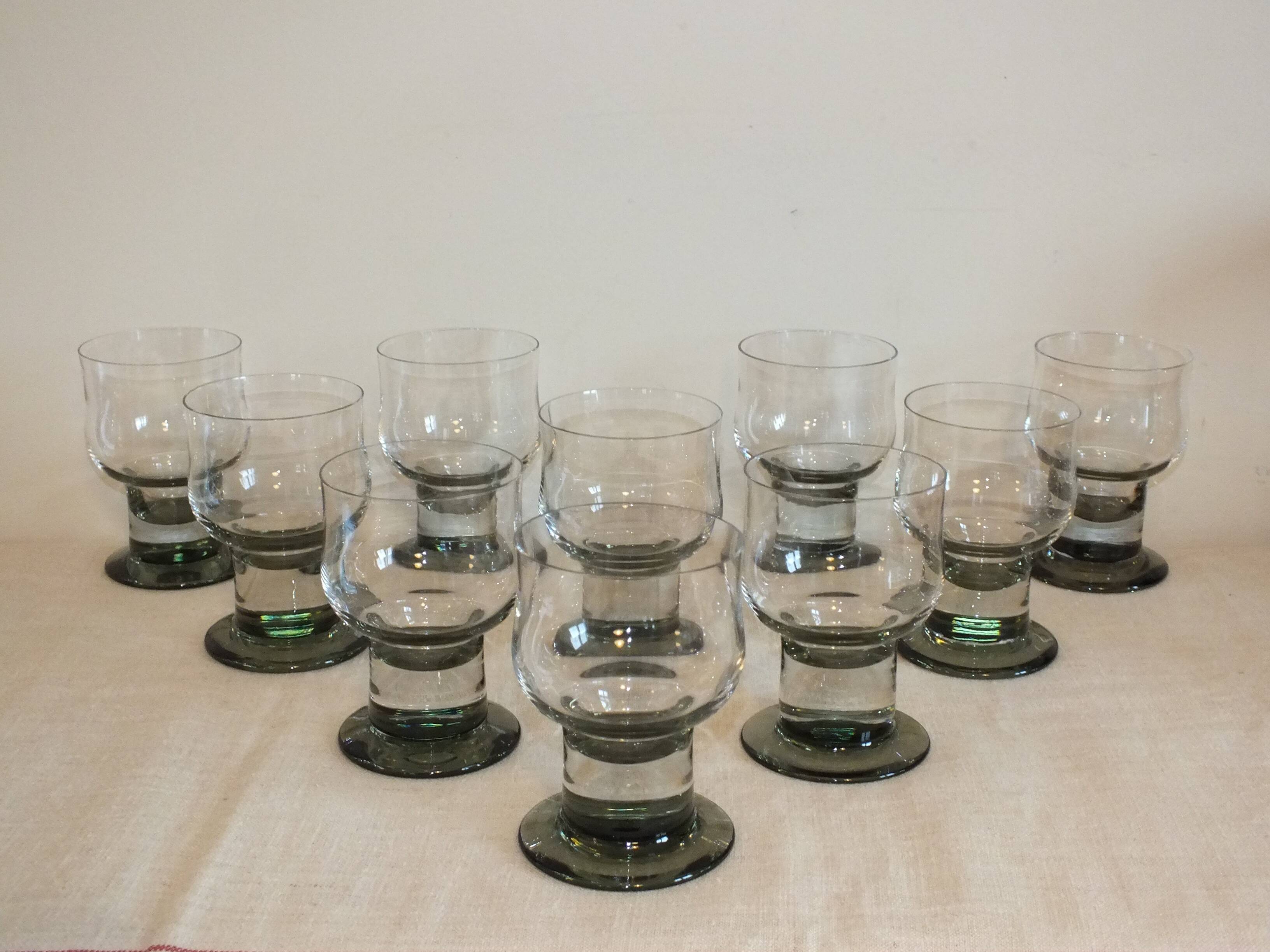 10 tarente thick crystal water glasses, steel gray foot, 1970