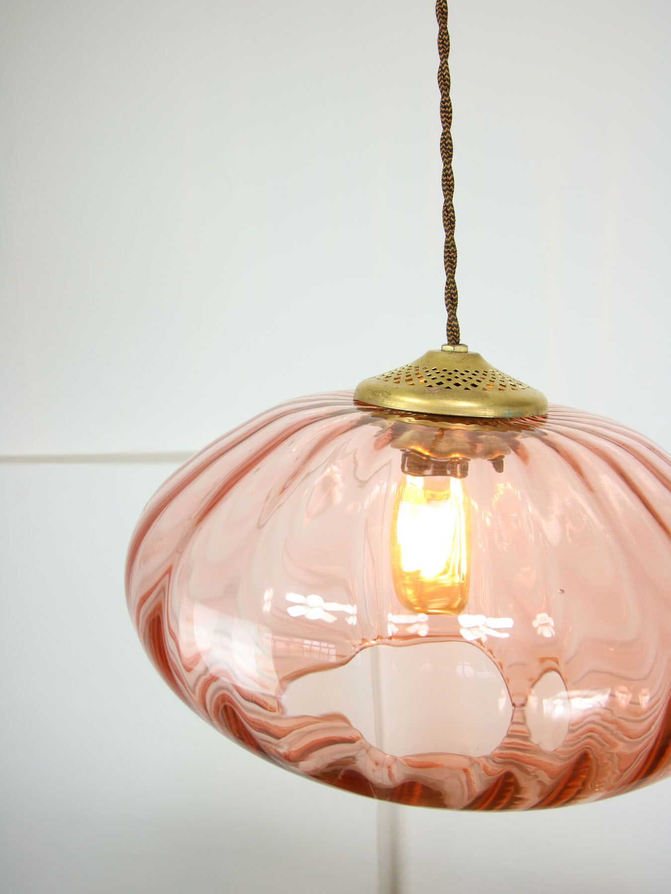 Mid Century Brass and Glass Crooked Pendant Lamp