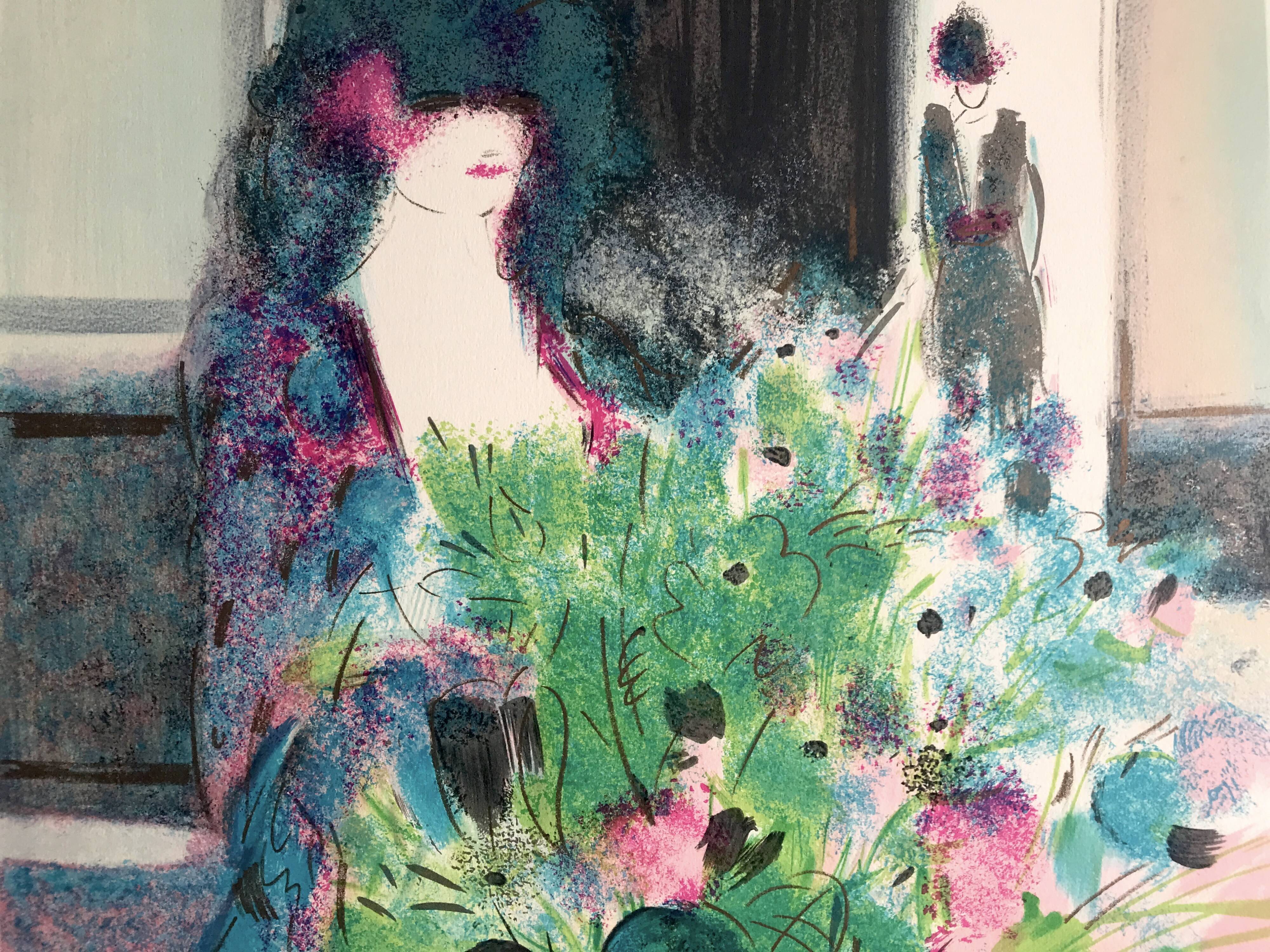 Claude manoukian woman with a bouquet, 1980. lithograph signed in pencil