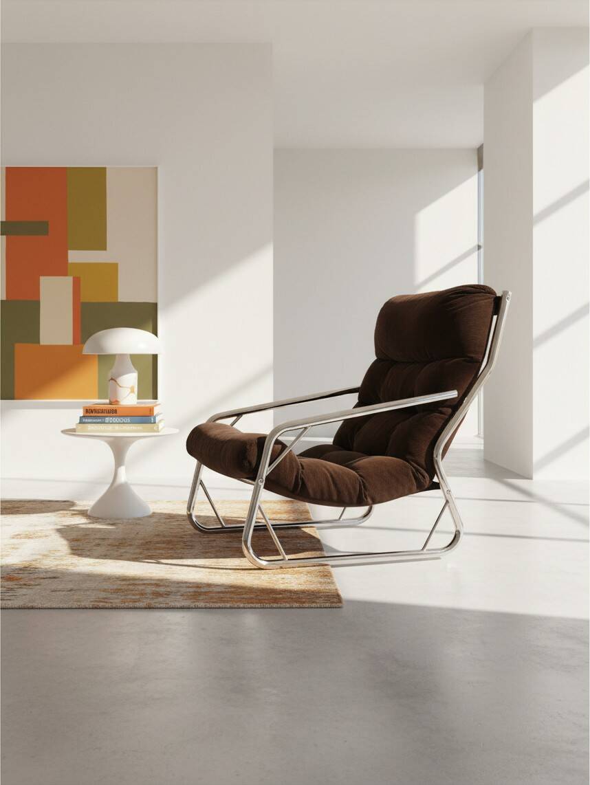 Chrome tubular lounge chair with corduroy – Space Age style 1970