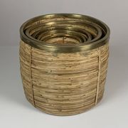 Set of 5 rattan pencil reed and brass plant holder baskets, Italy 1970s